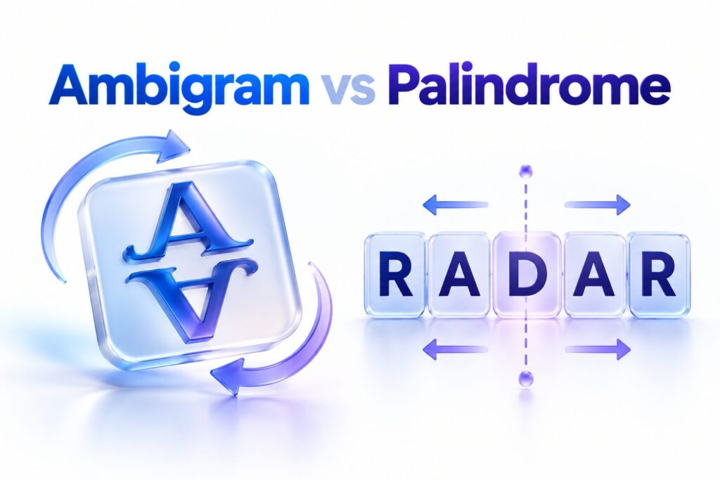 Ambigram lettering reflected above a palindrome reading the same backward